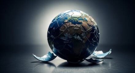 Fototapeta na wymiar Earth, globe and planet showing cracks representing climate change, environmental disaster and global warming with damaged world model illustrating ecological crisis impacting continents