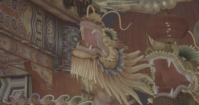 Beijing, China. Ungraded C LOG 2, Large Lantern Composition At Zigong Lantern Festival. National Color. Traditional Red Chinese Gate Pailou or Paifang, Close Up View. Chinese Dragons Are Mythological