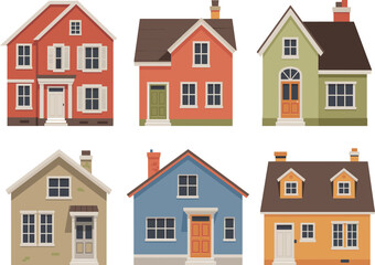 Colorful residential house vector icon set, suburban cottage building illustrations