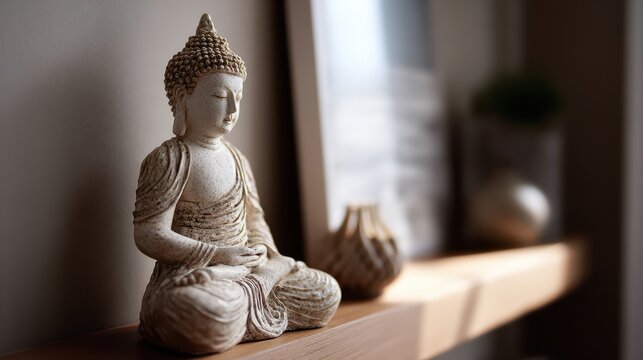 Serene Buddha figurine for home decor on a rustic shelf with natural daylight
