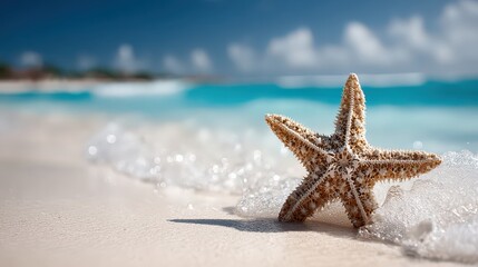 Starfish on White Sand Beach with Turquoise Sea and Clear Blue Sky in Tropical Paradise during Daylight