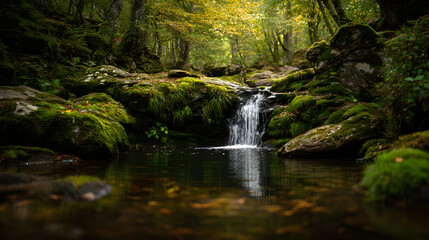 Fototapeta premium Mossy rocks waterfall in forest