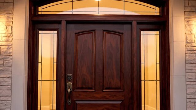 Front Door with Sidelights and Transom Window.