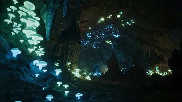 Glowworms Illuminating Dark Cave Interior.