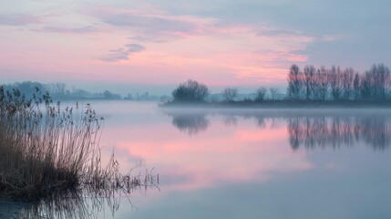Naklejka premium Soft Fog Hovering Over Glassy Water in Spring