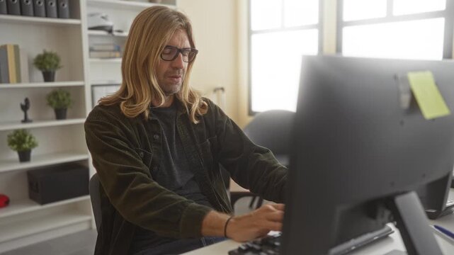 Seated blond man holds stomach at well lit computer desk with monitor in office building; physical discomfort.