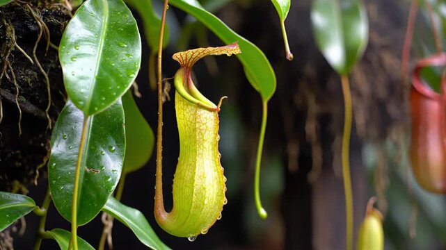 Close-up view of a vibrant green and yellow pitcher plant with a reddish-brown hue, dangling amidst lush foliage