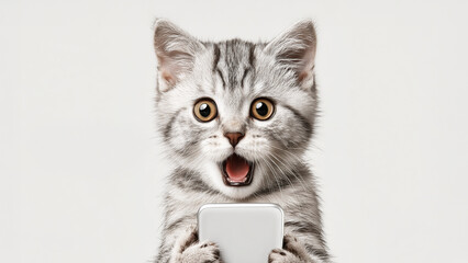 Smartphone shocked meme cat with copy space on white background cat-meme_1318