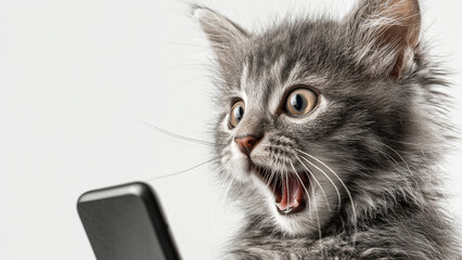 Smartphone shocked meme cat with copy space on white background cat-meme_1320