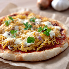 Innovative Pizza mit Spaghetti als Topping aus dem Steinofen. Kreatives Food-Konzept mit Pasta auf Pizza &ndash; trendiges Fusion-Gericht f&uuml;r Gastronomie, Streetfood und Food-Trends.