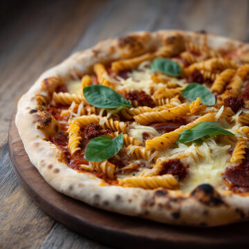 Innovative Pizza mit Spaghetti als Topping aus dem Steinofen. Kreatives Food-Konzept mit Pasta auf Pizza &ndash; trendiges Fusion-Gericht f&uuml;r Gastronomie, Streetfood und Food-Trends.