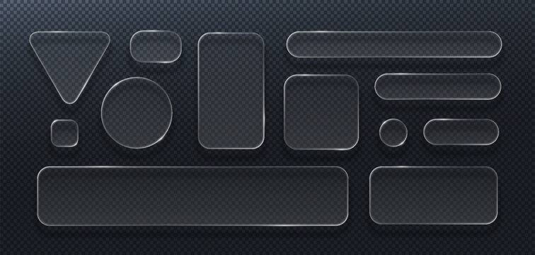 Transparent glass UI elements vector set on dark background, realistic glossy buttons panels frames, glassmorphism collection