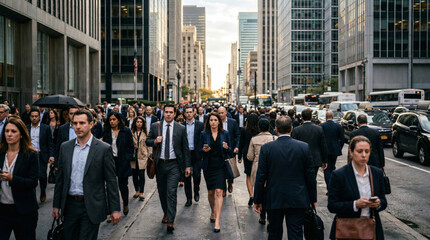 Diverse group of professionals walking on a busy city street during rush hour