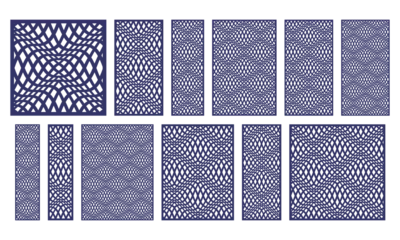 Set of decorative laser cut panels with curved wave lattice pattern. Vector templates for CNC cutting, wood carving, metal decorative screens, wall panels, partitions and abstract geometric designs. © PerepadiaY