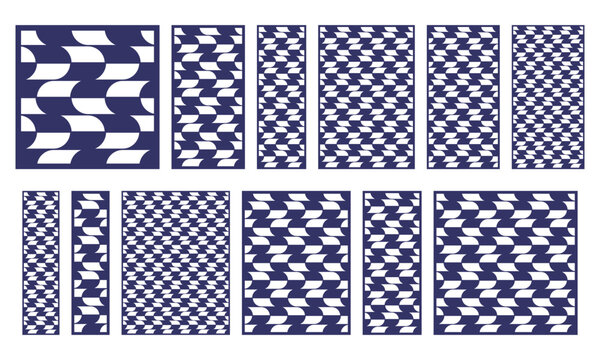 Set of abstract laser cut panels with flowing geometric pattern. Decorative vector templates for CNC cutting, wood carving, metal decorative screens, wall panels and modern room divider designs.
