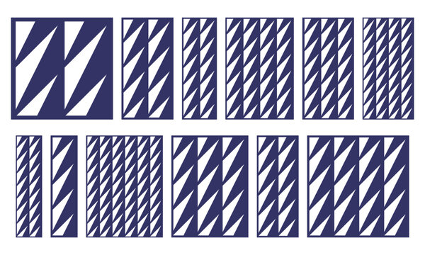 Set of rectangular laser cut panels with diagonal stripe pattern. Decorative vector templates for CNC cutting, wood panels, metal screens, room dividers, wall decor and geometric lattice designs.