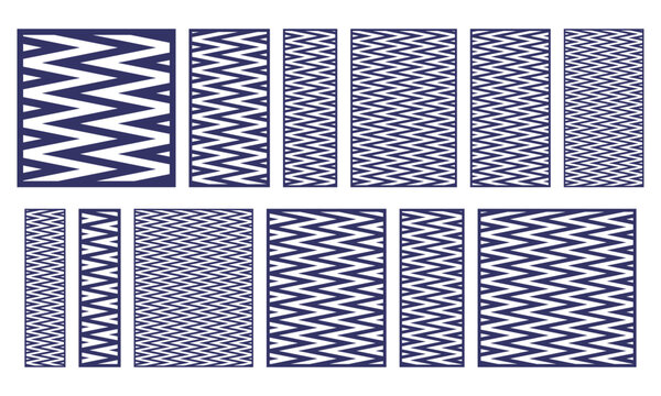 Set of rectangular laser cut panels with zigzag line pattern. Decorative vector templates for CNC cutting, wood carving, metal screens, wall panels, room dividers and geometric design projects.