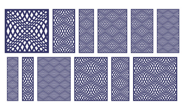 Set of decorative laser cut panels with curved wave lattice pattern. Vector templates for CNC cutting, wood carving, metal decorative screens, wall panels, partitions and abstract geometric designs.