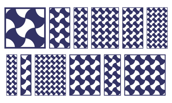 Set of decorative laser cut panels with organic geometric pattern. Vector templates for CNC cutting, wood carving, metal screens, room divider panels and abstract lattice wall decorations.
