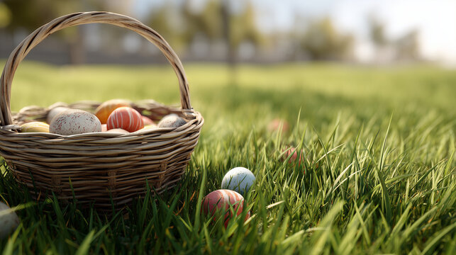 Osternest mit bunten Ostereiern im Gras unter Fr&uuml;hlingshimmel. Symbolisches Motiv f&uuml;r Ostern, Eiersuche, Osterhase und Familienfeier im Freien mit viel Copyspace.