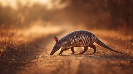 Obraz premium Armadillo in profile walks dusty road under golden evening light
