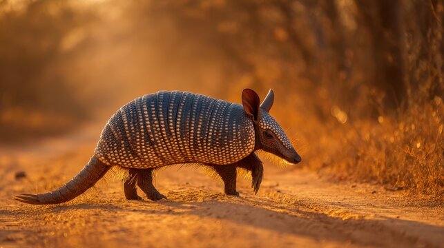 Illustration armadillo walking on dirt road in golden light