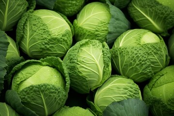 Fototapeta premium Close up view of fresh green cabbage heads with water droplets creating a natural pattern