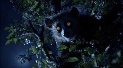 Fototapeta premium Nocturnal creature with glowing golden eyes on dark branch