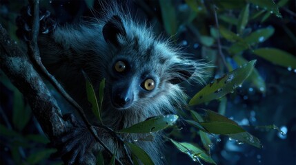 Fototapeta premium Aye-aye lemur peering from tree branch in dim forest