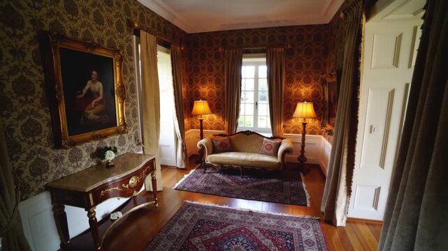 Panning camera moving slowly right in period sitting room, revealing antique settee and lamps