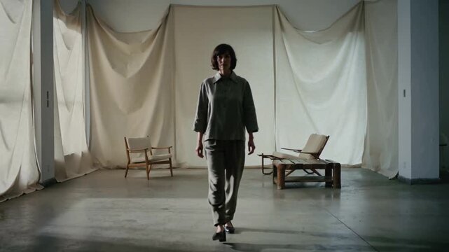 Walking woman neutral-wear moving to camera on cue for take, studio with wood-chair bench drapes
