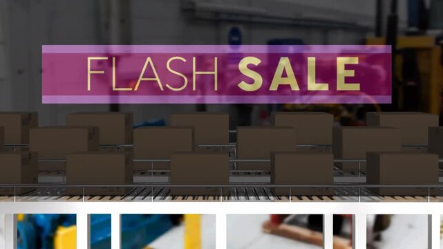 Animation of flash sale text over cardboard boxes on conveyor belts in warehouse