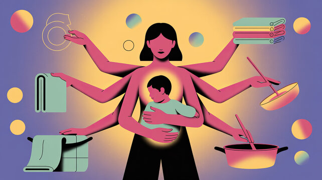 Multitasking Motherhood: An illustration portraying a mother embodying the concept of multitasking, seamlessly juggling various domestic responsibilities, while nurturing her child.