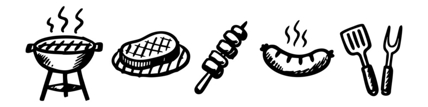 Set of hand-drawn BBQ icons featuring a charcoal grill, steak, skewer, sausage, and cooking tools. Black and white doodle style for outdoor dining.