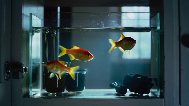 Recording camera capturing three goldfish swimming inside cabinet aquarium, near dark pots