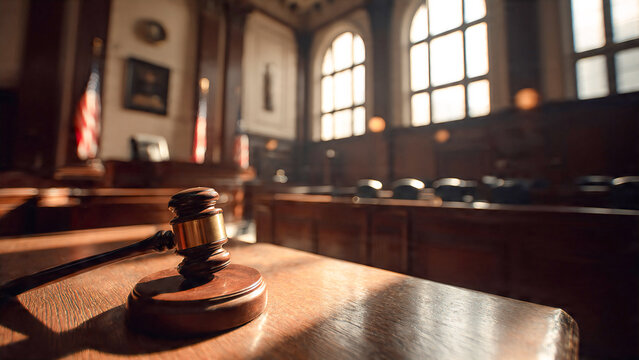 A gavel rests on a wooden desk in a courtroom with large windows and a blurred background.