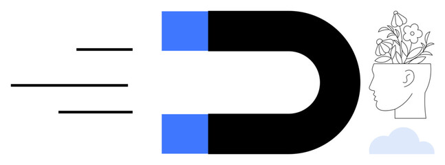 Large magnet pulling toward a human head filled with blooming flowers, symbolizing creativity and inspiration. Ideal for innovation, leadership, personal growth, learning, ideas, creativity © robu_s