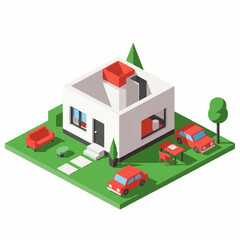 Isometric illustration of a modern house with red furniture and vehicles.
