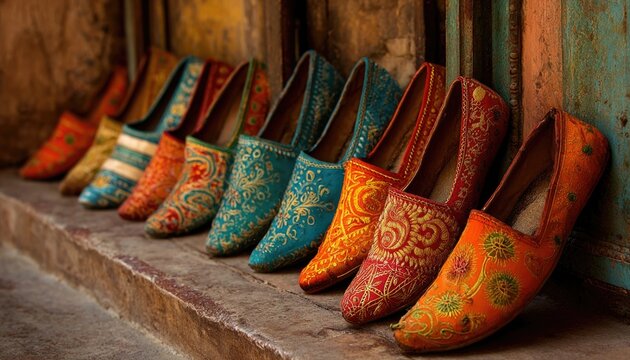 A collection of colorful traditional shoes (khussa) lined up at a doorway, cultural detail