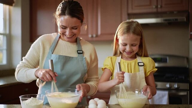 Starting whisking mother and daughter matching at kitchen counter wearing aprons eggs making batter