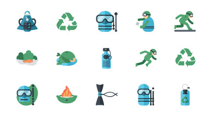 A collection of flat style vector icons for outdoor activities sports and environmental themes. © Kris