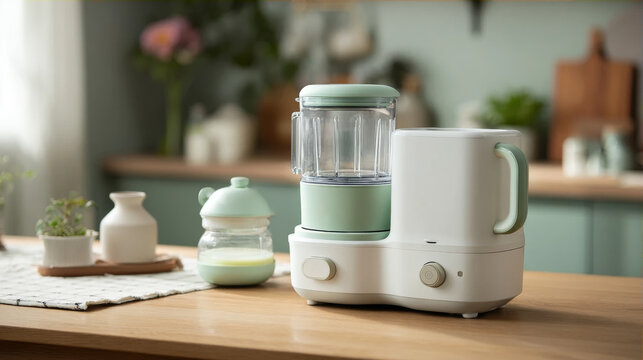 Modern mint green and white baby food maker steamer and blender on a wooden kitchen counter for preparing healthy organic meals for infants in a bright contemporary home interior