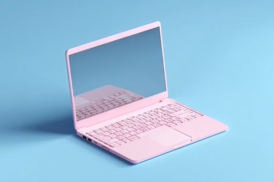 Pink laptop with reflection on screen, set against a blue backdrop