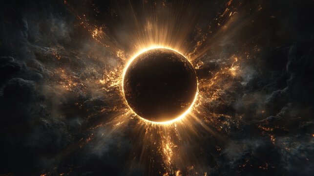 Cosmic eclipse with fiery corona and swirling nebulae in space
