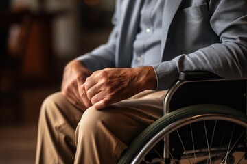 Fototapeta premium Elderly man's hands resting on lap while sitting in a wheelchair