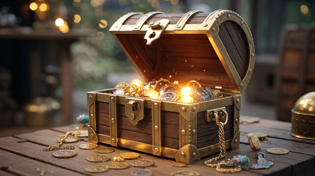 An open wooden treasure chest overflowing with glowing gold coins and precious gems on a table with bokeh background