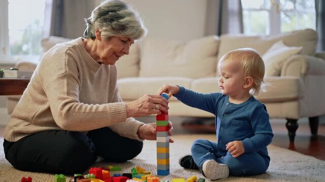 Picking up blocks, grandmother in beige sweater and toddler stacking tower on rug at home, bonding