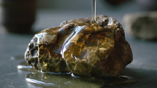 Pouring pipette releasing golden syrup, coating rough brown-gray rock on dark tabletop for gloss