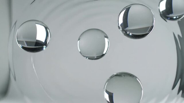 Gravity pulling five transparent droplets shifting toward each other in studio, forming thin film