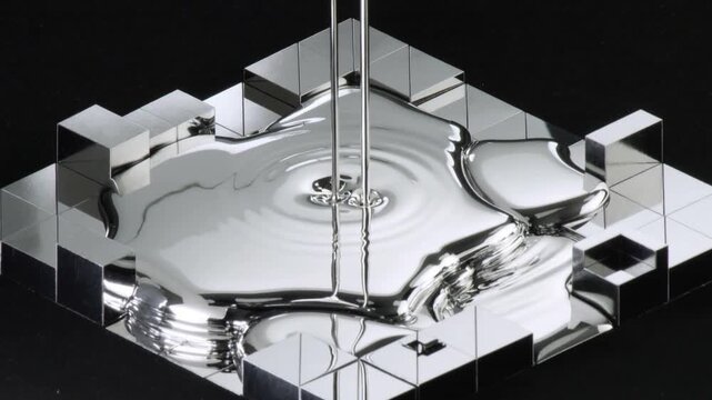 Pouring silvery liquid creating shallow pool on mirrored tiles in studio, cutout, showcasing luster